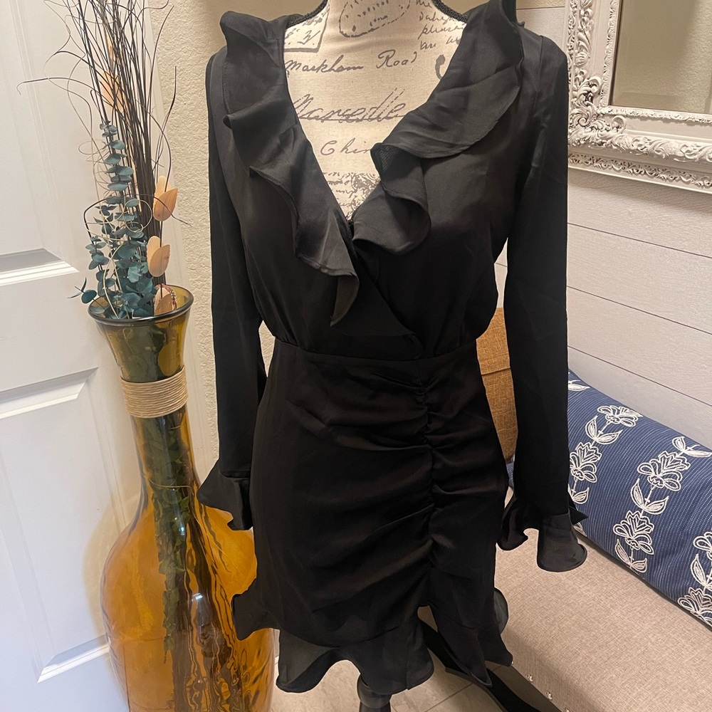 DO+BE Long Sleeve V-Neck Ruffle Dress (S)